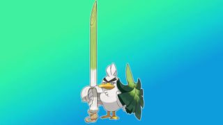 Sirfetch'd stands with its leek sword in one hand, and a leaf shield in the other