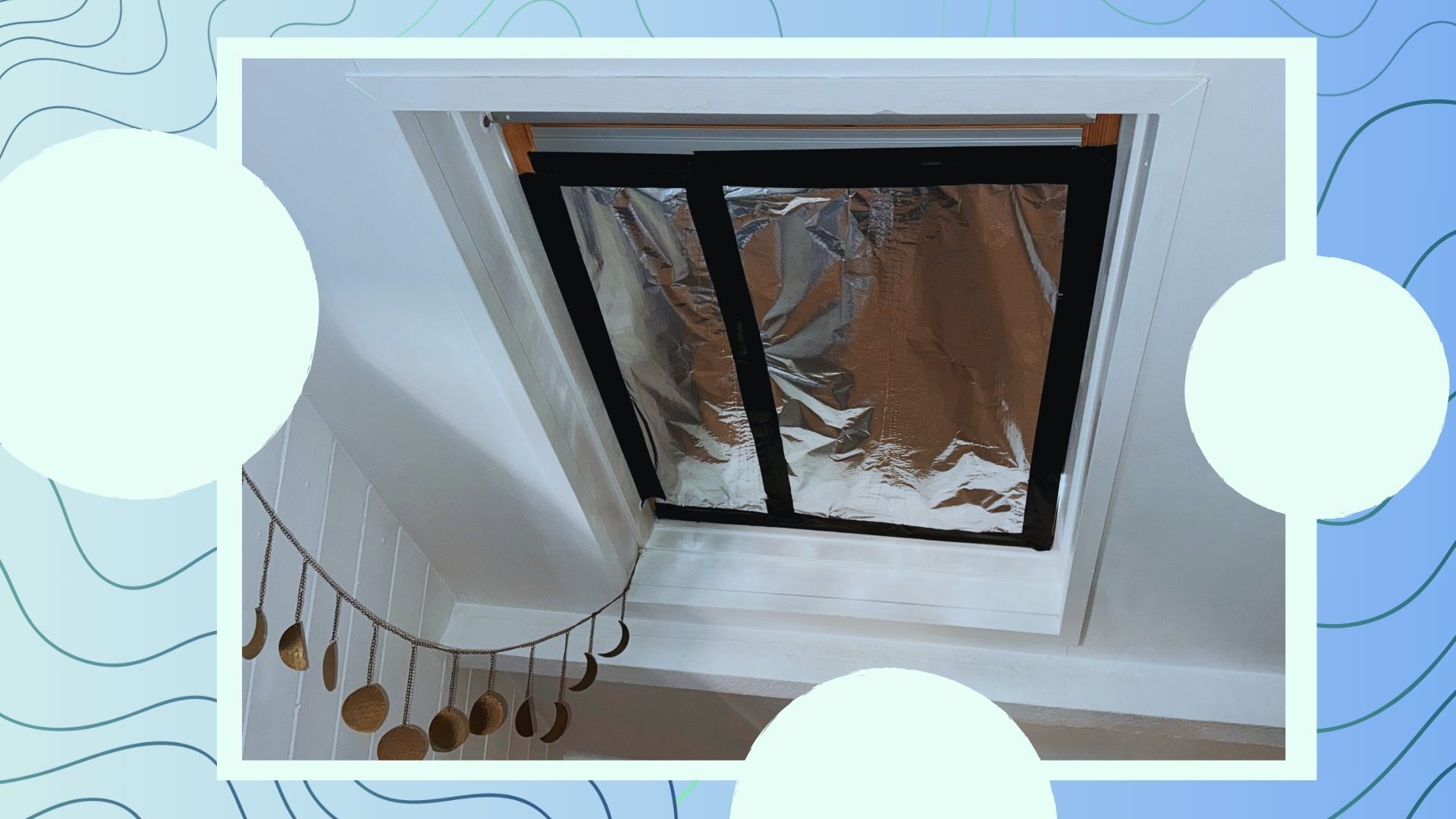 An image showing aluminium foil taped to the windows of a bedroom
