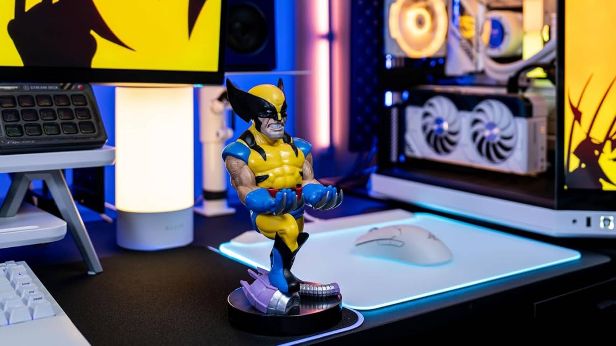 Wolverine-themed controller holder on a desk