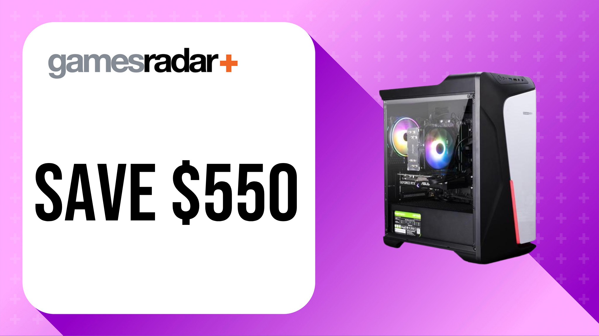 IPASON gaming desktop deal with $550 saving stamp and purple background