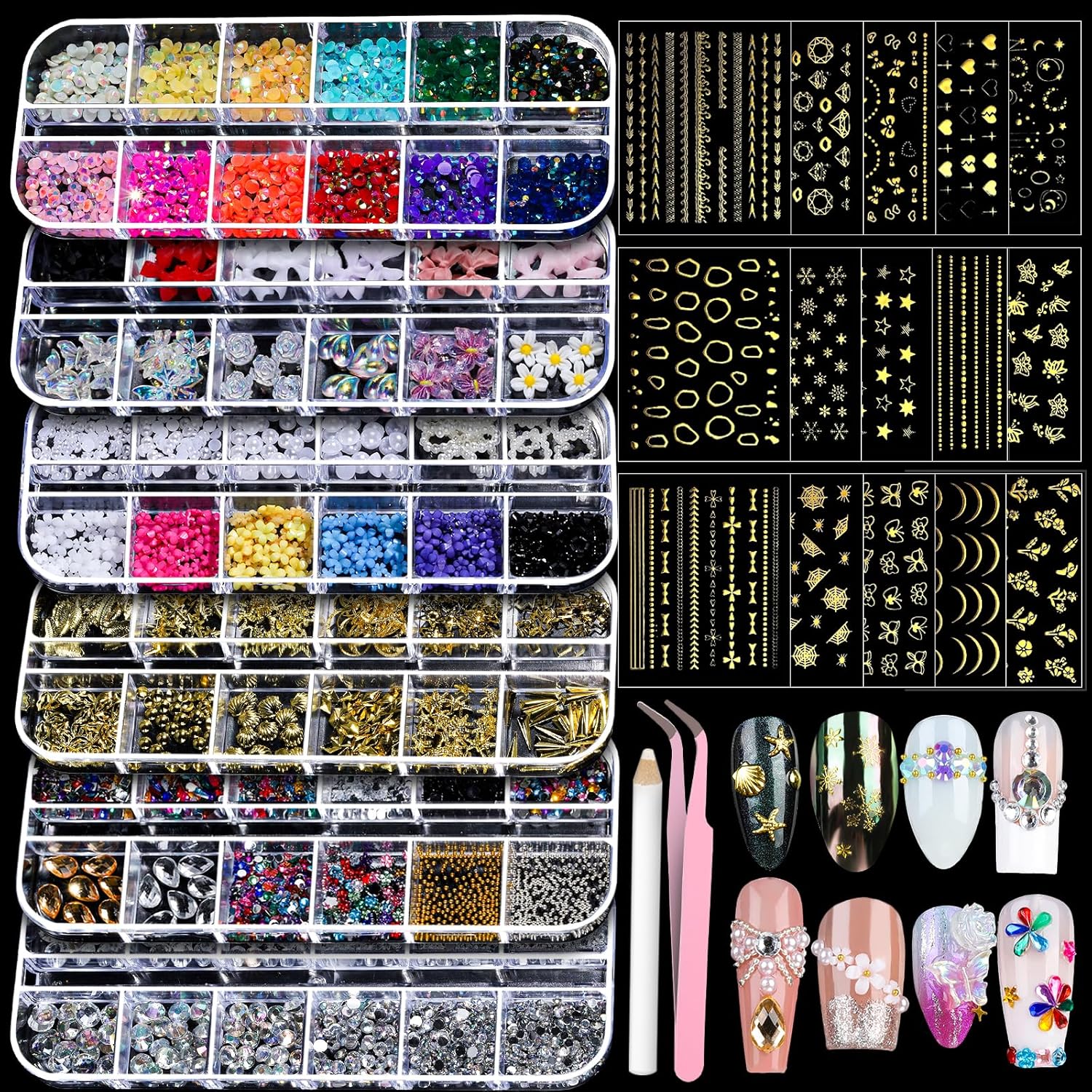 Teenitor Nail Charms Nail Gems With 15 Sheets Gold Nail Stickers, 6 Boxes of Rhinestones for Nails Art Tools, 3d Nail Decals Pearls for Nails
