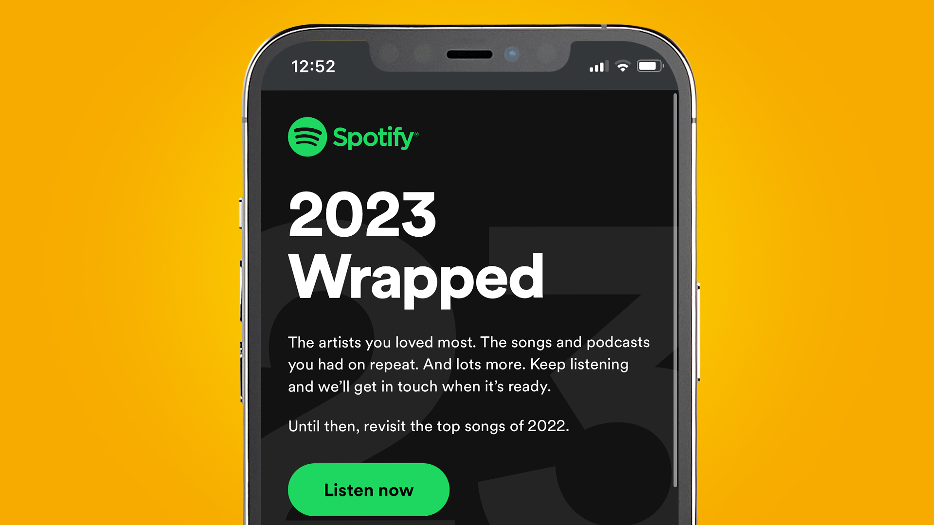 یک آیفون در پس‌زمینه نارنجی که صفحه فرود Spotify Wrapped 2023 را در مرورگر نشان می‌دهد.
