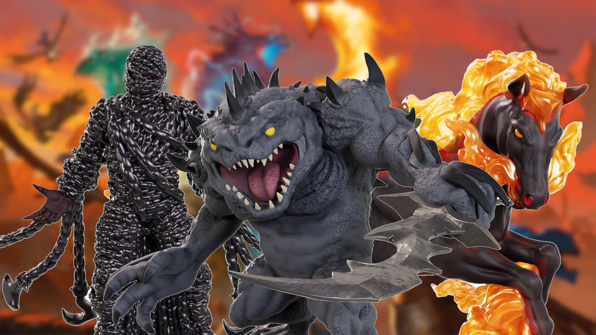 Three D&amp;D monsters as miniatures, against artwork of a chaotic battle