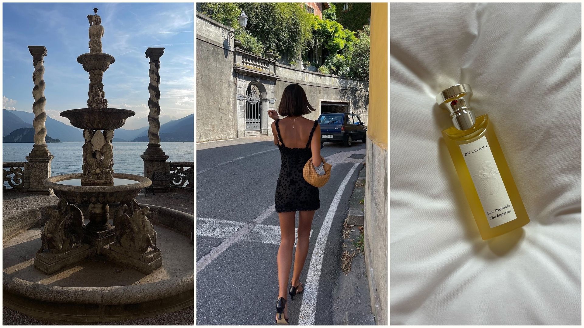 A collage of creator @salome.mory in Italy and a picture of a Bvlgari perfume