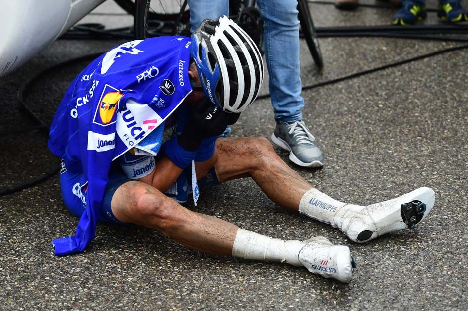 Julian Alaphilippe collects his energy after a difficult stage
