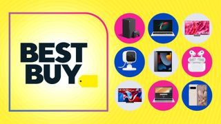 Best Buy logo on yellow background with collage of tech products