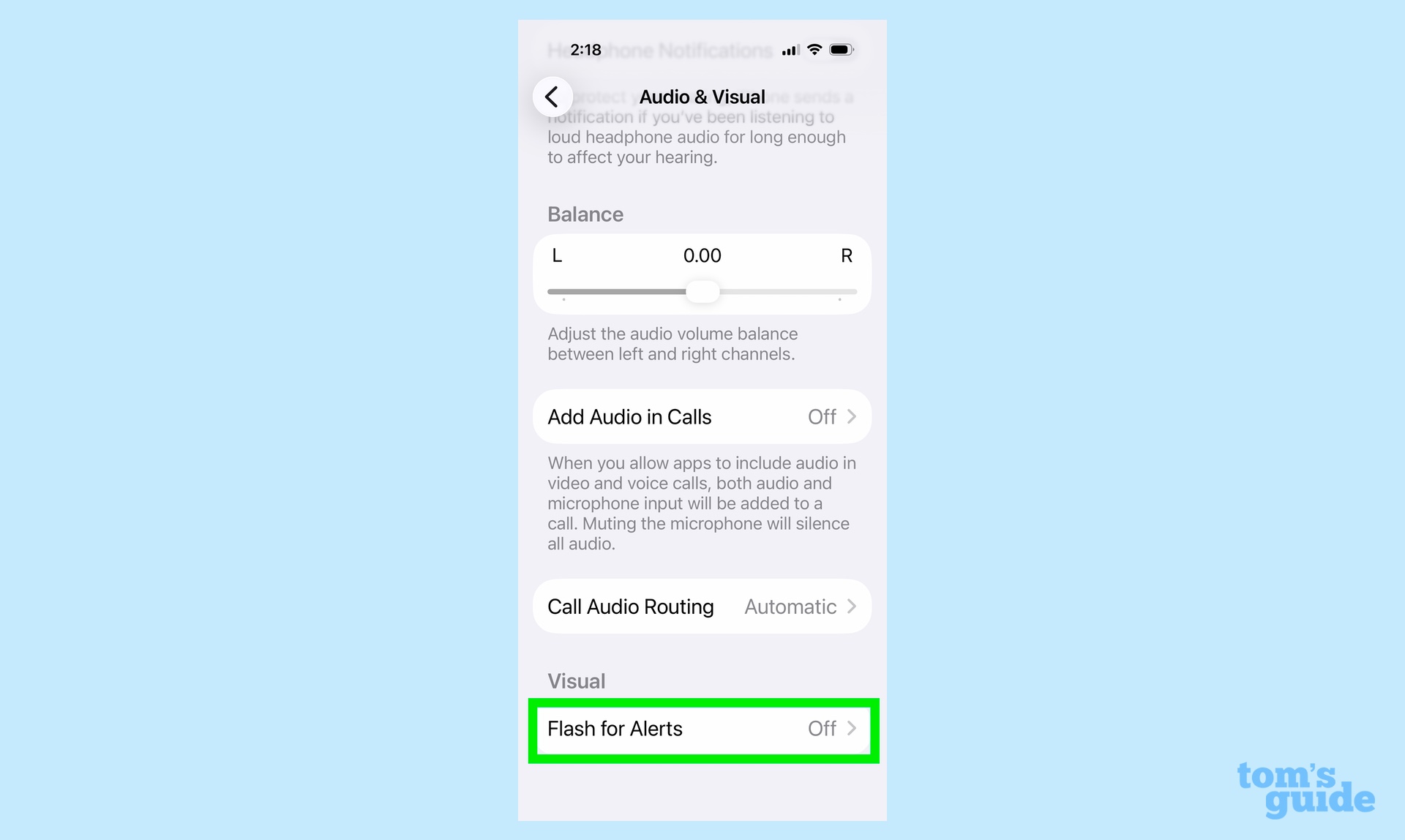 Turning on Flash for Alerts in iOS 26 accessibility settings