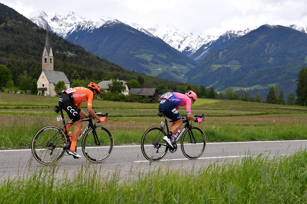 Breakaway riders try to stay away near the end of stage 17 at the Giro