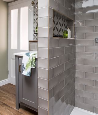 grey bathroom Hall makeover grey tiled shower cubical