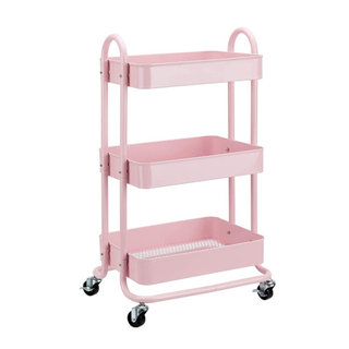 A pink storage trolley with three tiers