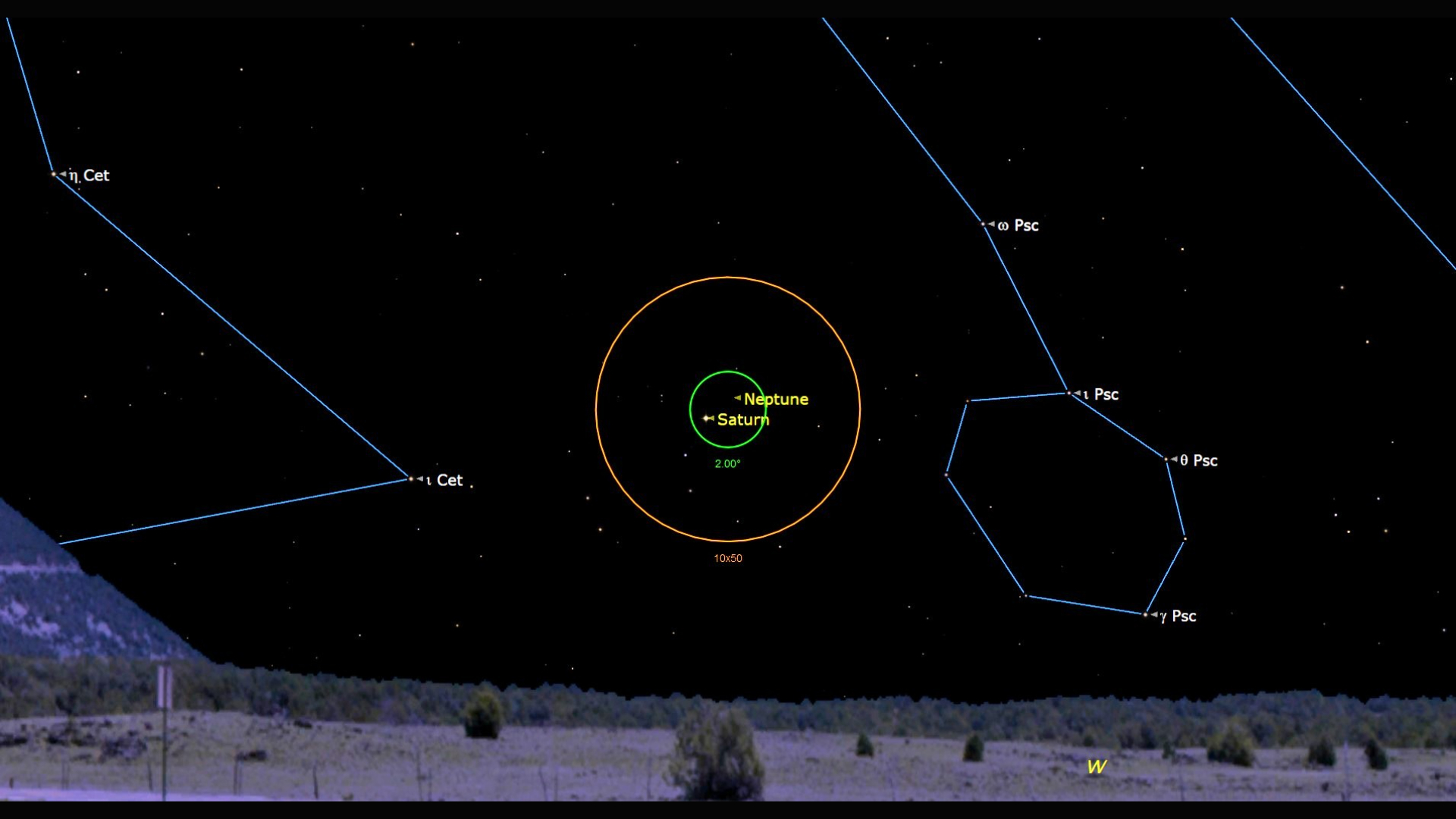 A map of the night sky with lines for certain constellations like Pisces. In the center of the image are two concentric orange and green circles, where labeled yellow dots for Neptune and Saturn are near each other.