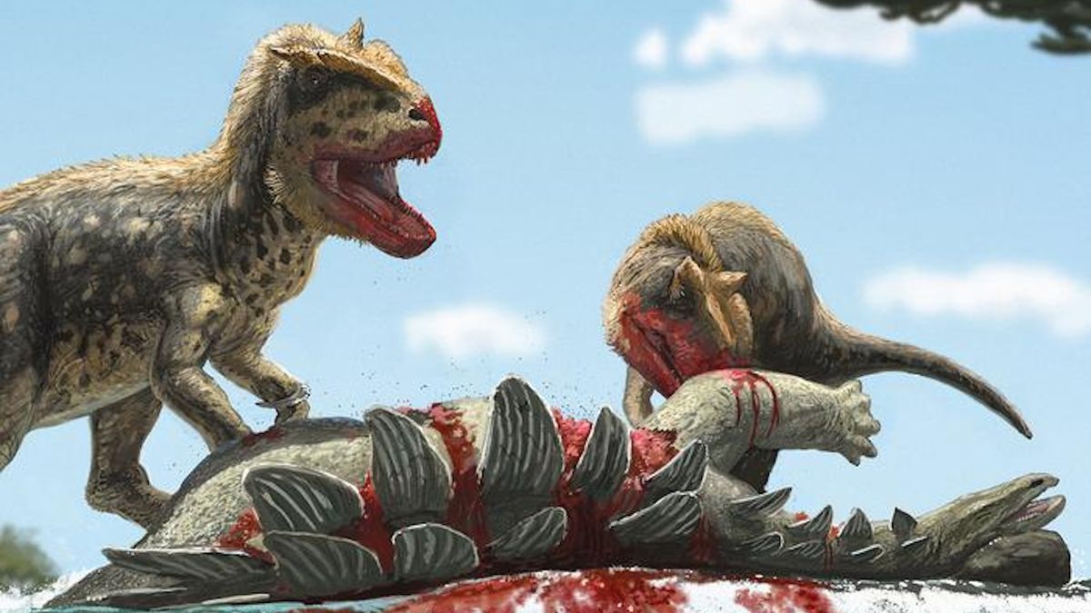 An illustration of two dinosaurs killing another dinosaur