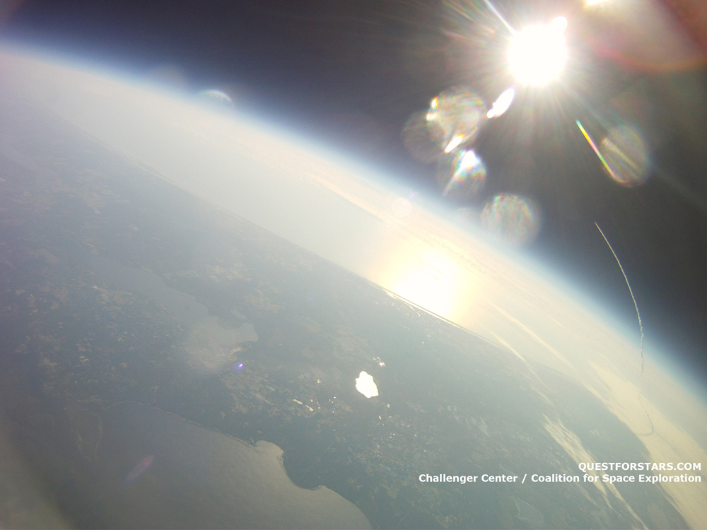 This picture, taken at an altitude of about 64,000 feet by a balloon launched as part of a student project, shows NASA&#039;s space shuttle Endeavour streaking toward space on its final STS-134 mission. 