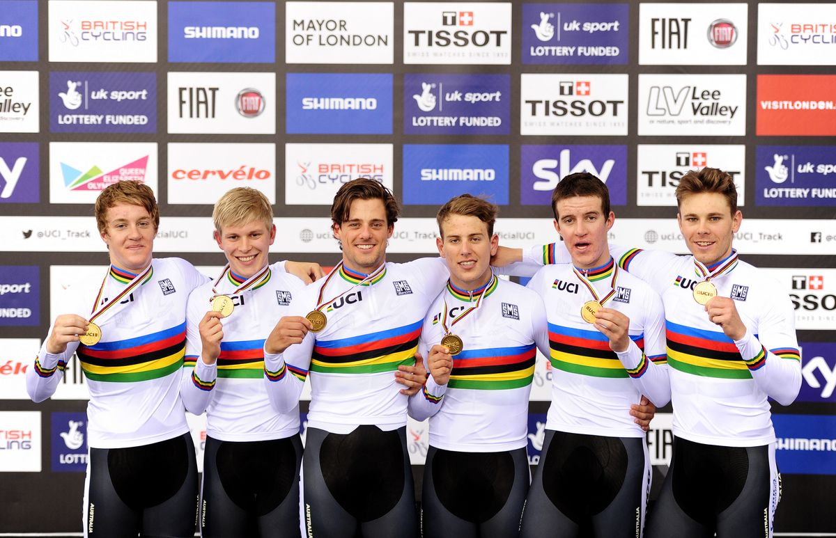 The winning Australian men's team pursuit squad pose with their medals