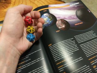 Typically, players roll two dice and combine with their stats to determine whether an action succeeds, but a "momentum" mechanism lets players buy extra dice to improve their odds.