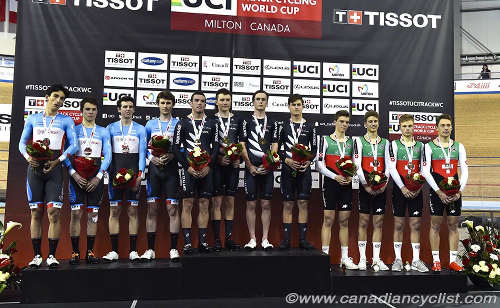 Men's Team Pursuit podium - Canada, New Zealand, Switzerland