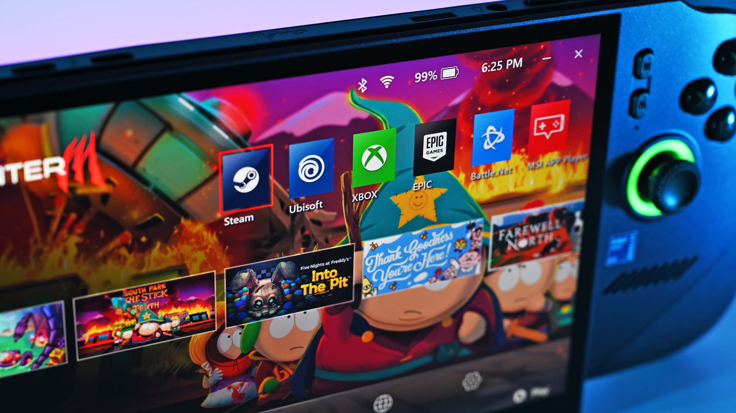 Close-up of the console display showing the MSI Center M launcher dashboard with icons for Steam, Ubisoft, Xbox, Epic Games, and Battle.net.