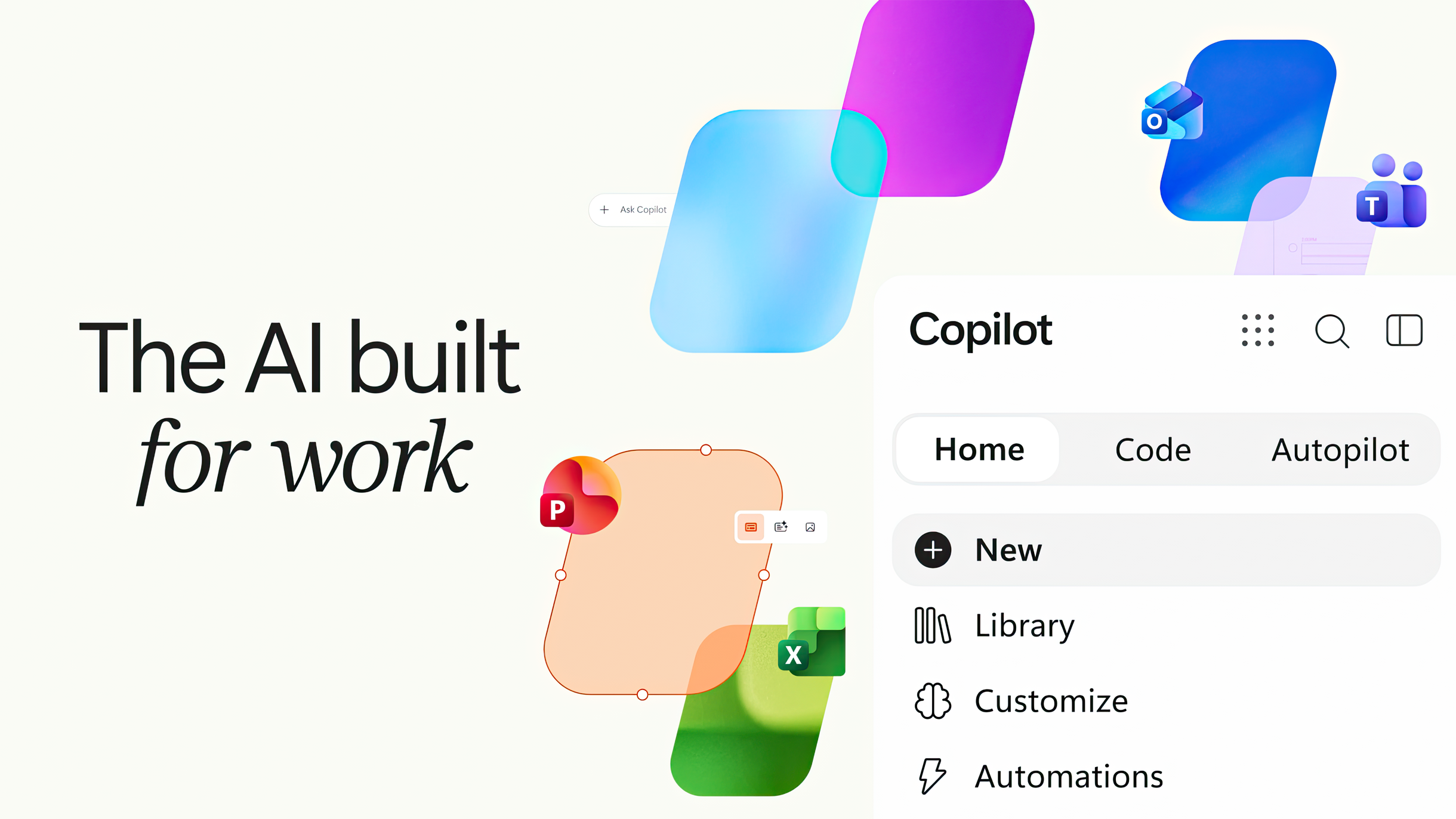 Graphic reading "The AI built for work" alongside a Microsoft Copilot interface with navigation tabs (Home, Code, Autopilot) and colorful Microsoft 365 app elements.