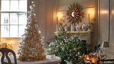 Silver Christmas tree, mantle, garland