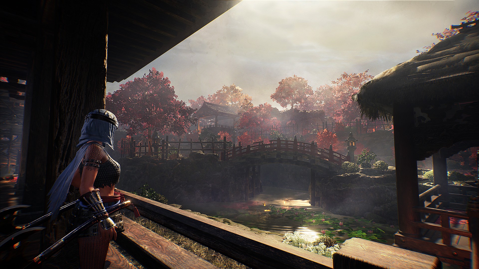 The Sengoku period in Nioh 3, showing a lovely garden with a ninja player looking out across it
