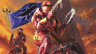 Halo 2 red spartan holding two alien rifles