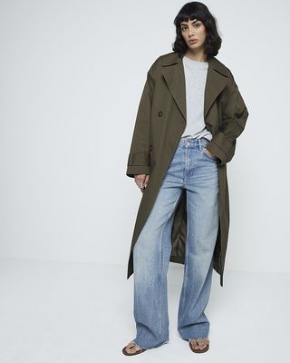 Khaki Belted Longline Trench Coat