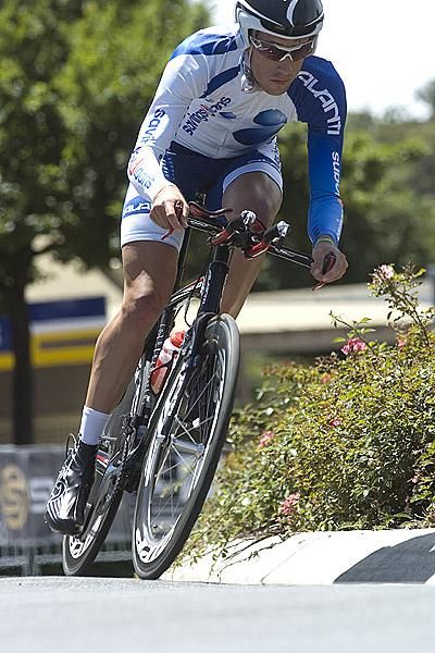 Andrew Roe from South Australia makes his way out of the main street in Buninyong during his ride against the clock.