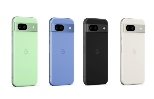 an image of the Pixel 8a in Aloe (a light pastel green, Bay (light blue), Obsidian (black) and Porcelain (white) colors
