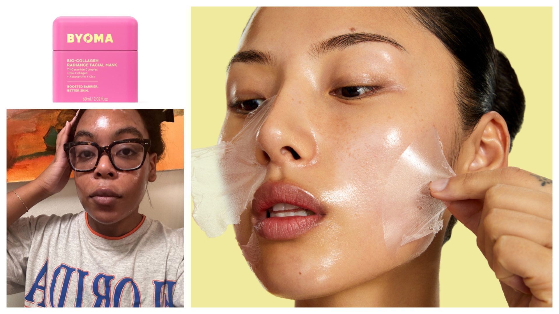 A collage that includes the Byoma Bio-Collagen Radiance Mask, writer, Ariel Baker, testing the mask, and a model peeling the mask off her face.
