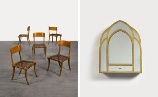 Five 'Klismos Model no. 5' chairs and a mirrored cabinet from Gothic