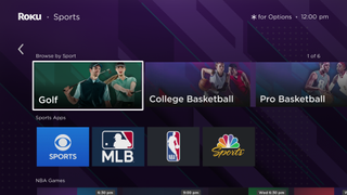 Roku OS Sports Experience interface shown on TV screen