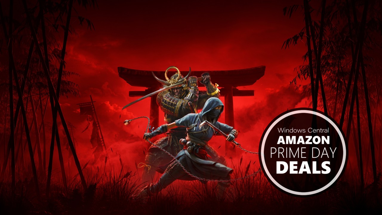 Assassin's Creed Shadows key art with text reading "Windows Central Amazon Prime Day deals"