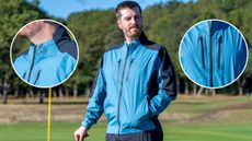 A golfer modelling the FJ Arcus Jacket and two inset views of detailing on the jacket
