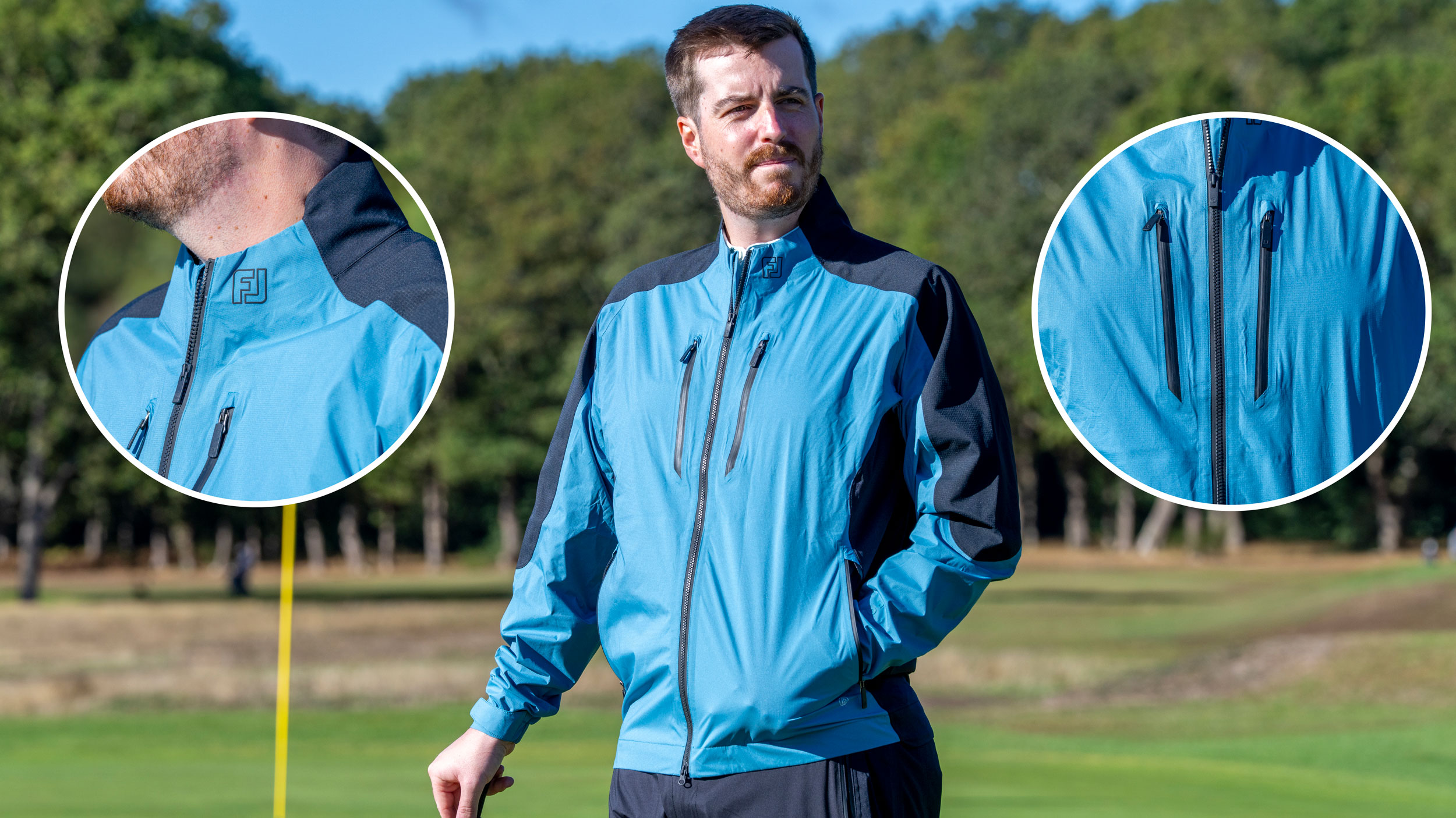 A golfer modelling the FJ Arcus Jacket and two inset views of detailing on the jacket
