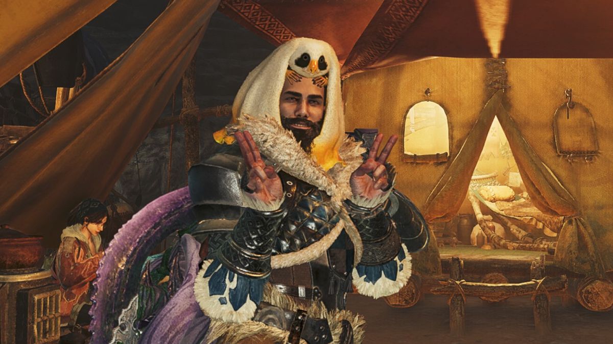 A hunter grins and throws two peace/victory signs while wearing a Mimiphyta helm in Monster Hunter Wilds.