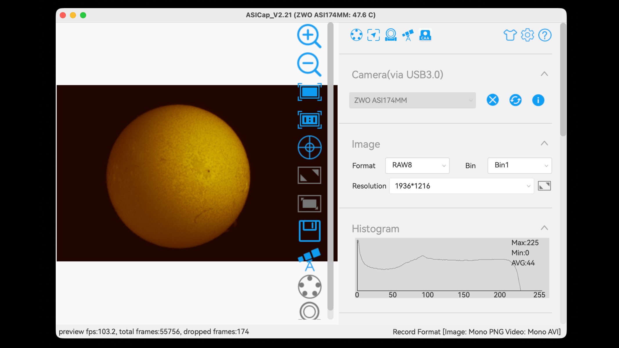 Screenshot of stacking software on a Macbook showing entry tables, graphs and a detailed image of the sun.