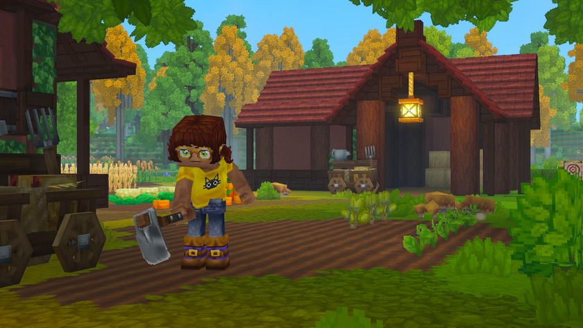 Hytale: A character tilling a dirt patch to make a farm outside their wooden house.