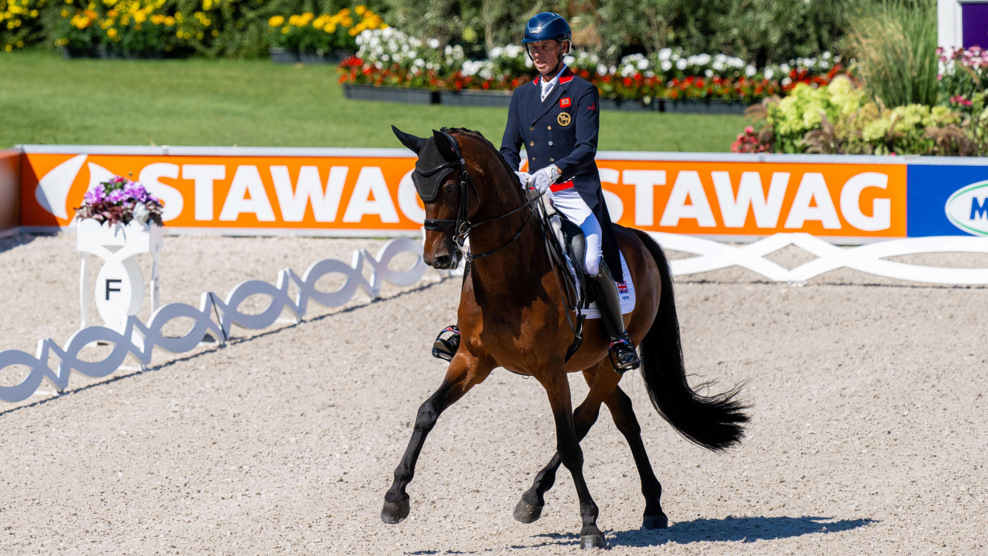 Carl Hester rides a half pass on Fame at the 2026 World Dressage Championships in Aachen