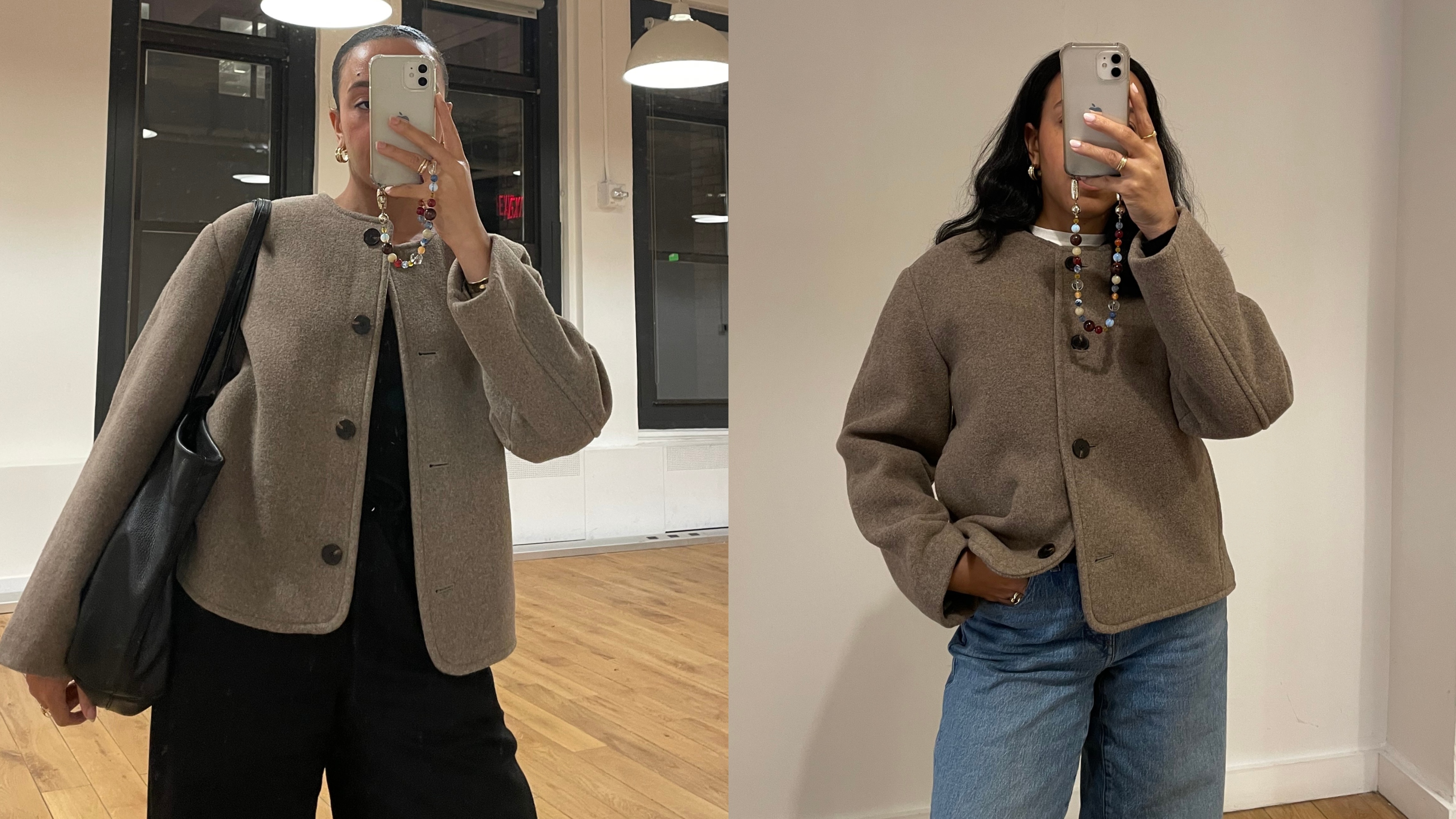 Lauren Tappan wearing a collarless coat and black pants; Lauren Tappan wearing a collarless coat and jeans