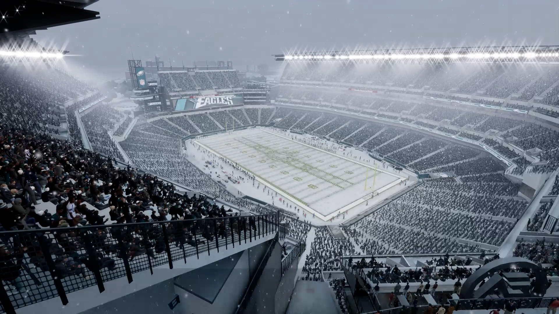 A look at a snowy football field in Madden NFL 22