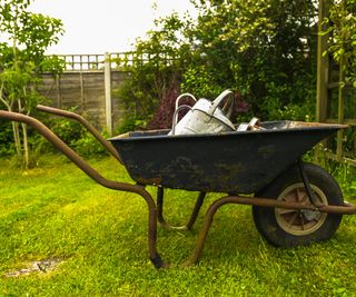 A wheelbarrow with watering cans in it