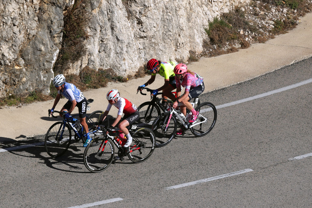 COCENTAINA SPAIN FEBRUARY 18 A general view of Ariadna Gutierrez Arzaluz of Mexico and Team Farto BTC Olivia Onesti of France and Team Cofidis Fminin Sandra Alonso Dominguez of Spain and Ceratizit WNT Pro Cycling Team and Elizabeth Banks of United Kingdom and Team EF Education Tibco SVB compete in the breakaway during the 6th Setmana Ciclista Valenciana Vuelta Comunidad Valenciana Feminas 2022 Stage 2 a 117km stage from Altea to Cocentaina 450m VoltaCVFemines22 on February 18 2022 in Cocentaina Spain Photo by Gonzalo Arroyo MorenoGetty Images