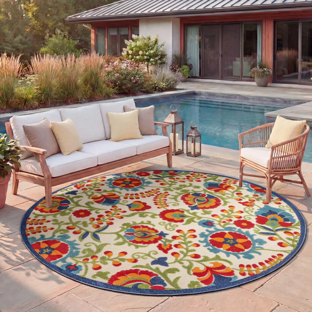 Nourison Aloha Floral Textured Flatweave High-Low Indoor Outdoor Round Rug Multicolor 7&amp;rsquo;10&amp;rdquo; X 7'10&amp;quot;