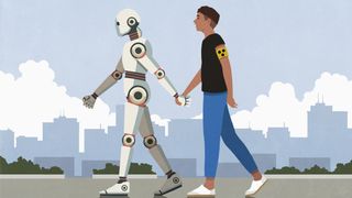 A cartoon AI robot and human walk hand in hand. 