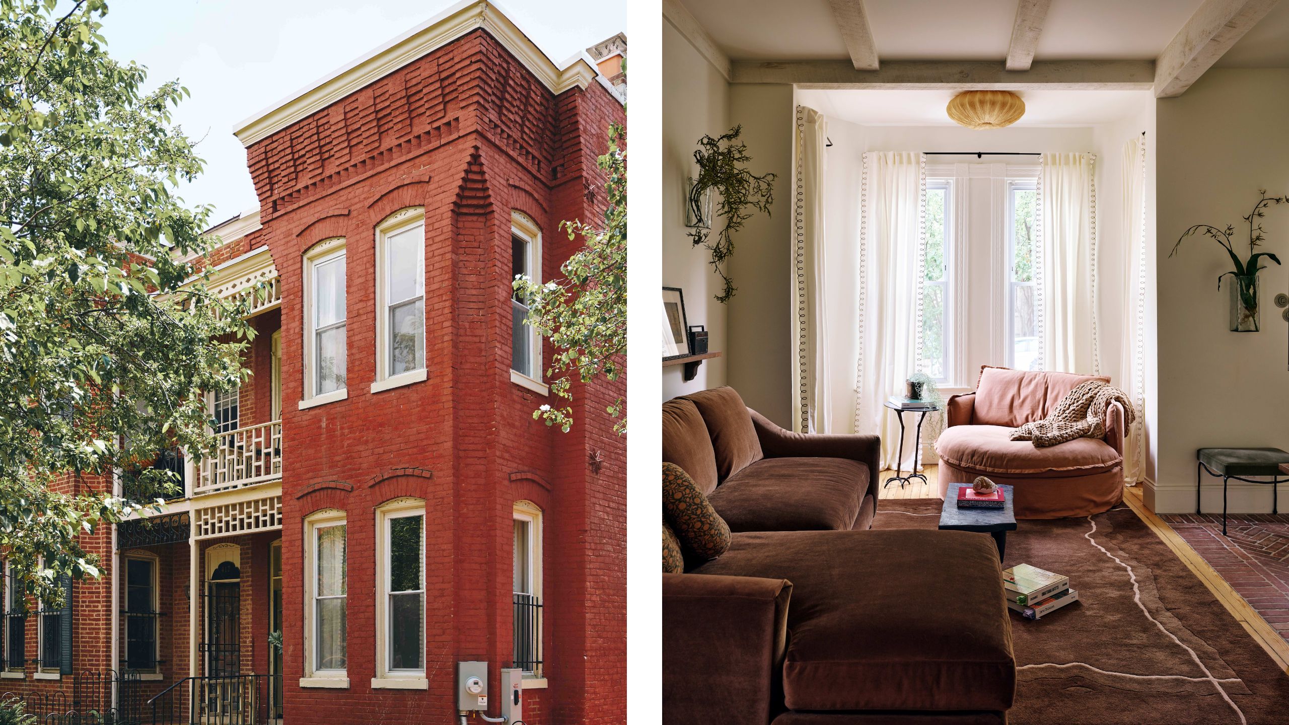 two side by side images of a historic red brick Georgetown home exterior next to an image of a cozy living room with brown sofa and rug