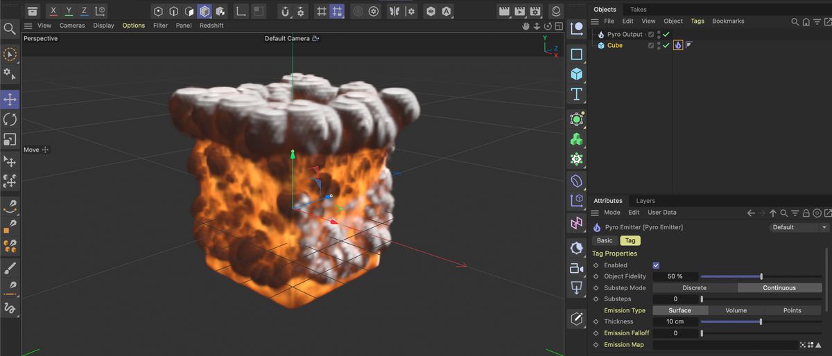 A screenshot of a pyrotechnic effect in Cinema 4D 2024