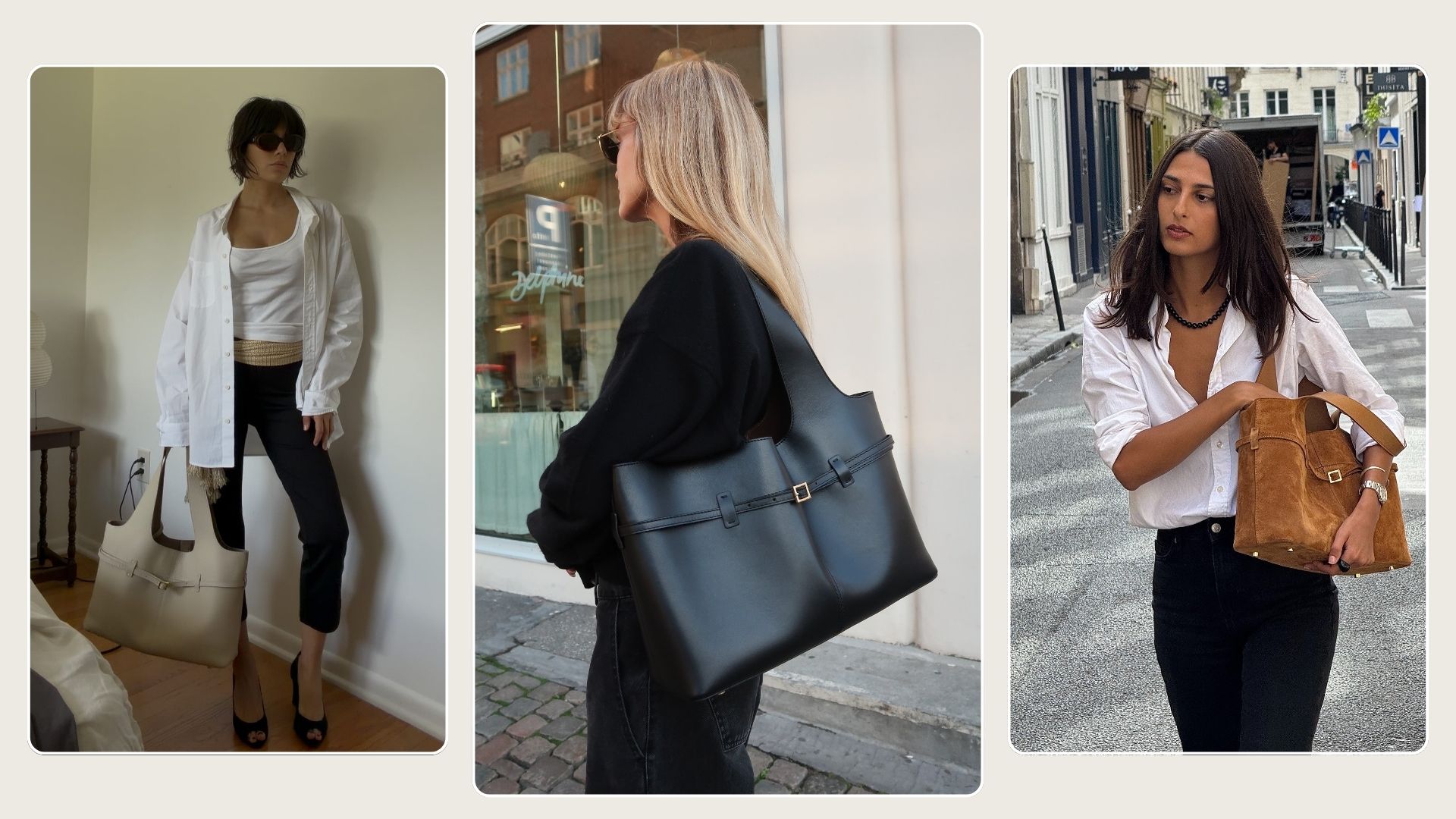 Three women carrying the Manu Atelier Cambon Cabas bag