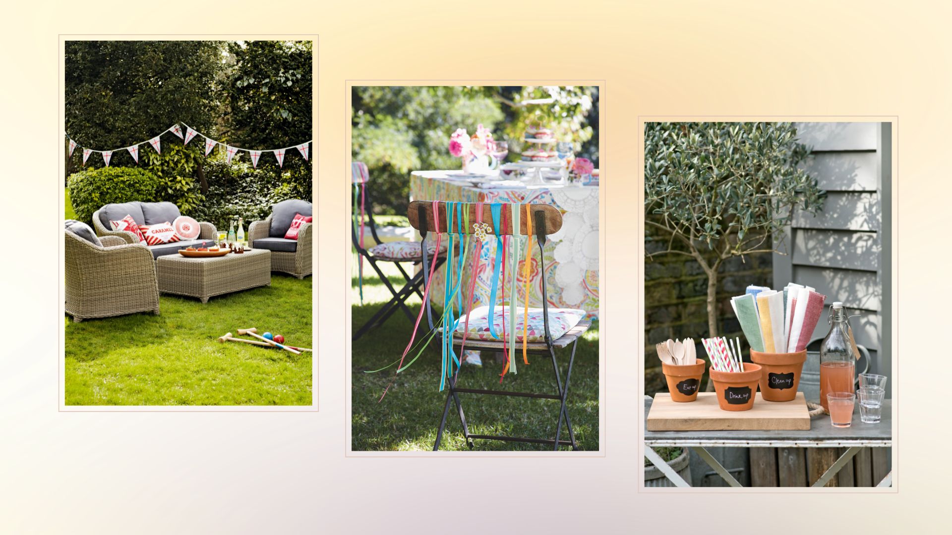 composite of gardens with decor and party set-ups 