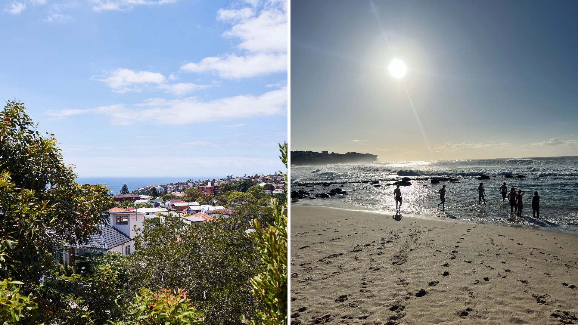 The view of Bronte Beach from Louise Olsen&#039;s house on the left and the beach in the sunshine on the right
