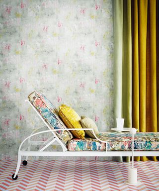 miami inspired lounger with palm print fabric and pink chevron flooring and yellow curtain